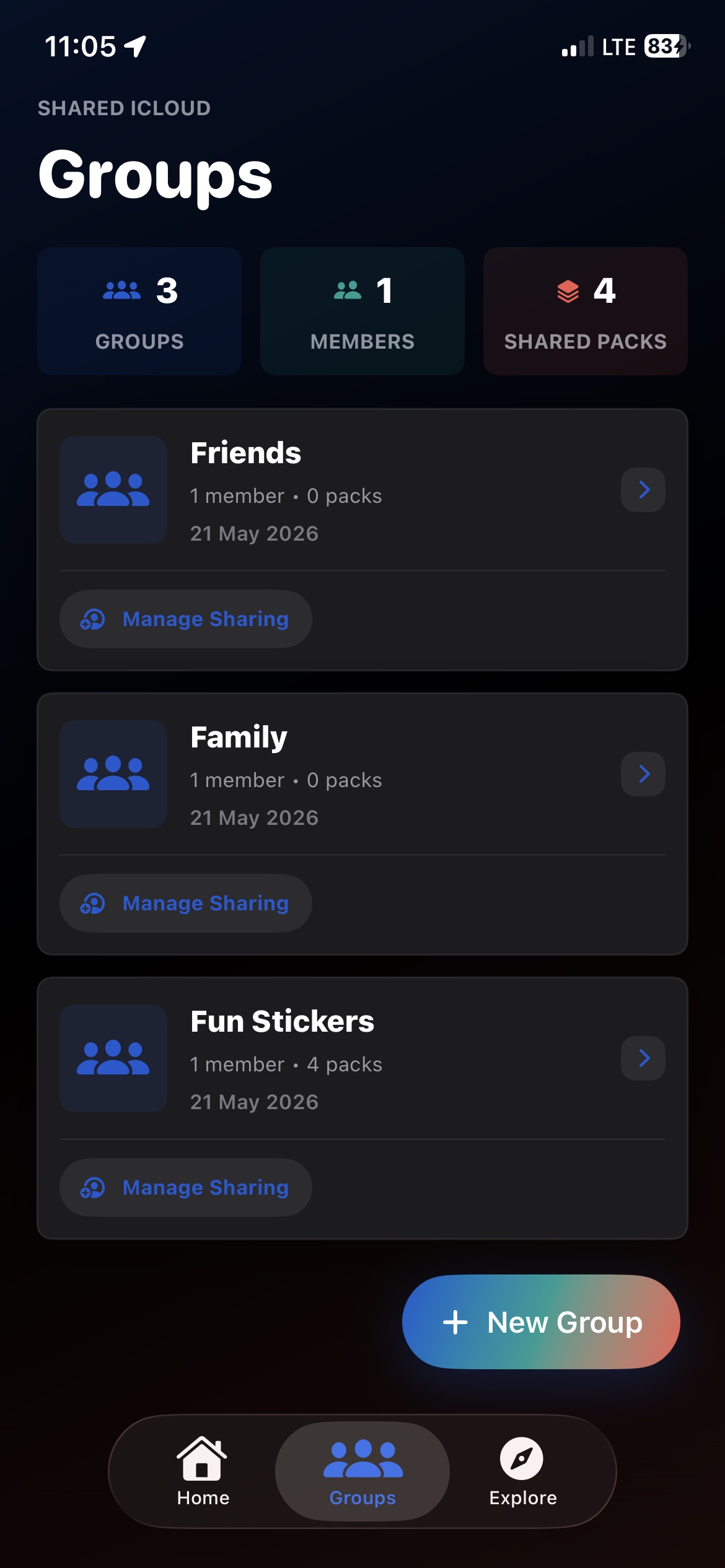 Stickable Groups screen with iCloud shared sticker groups