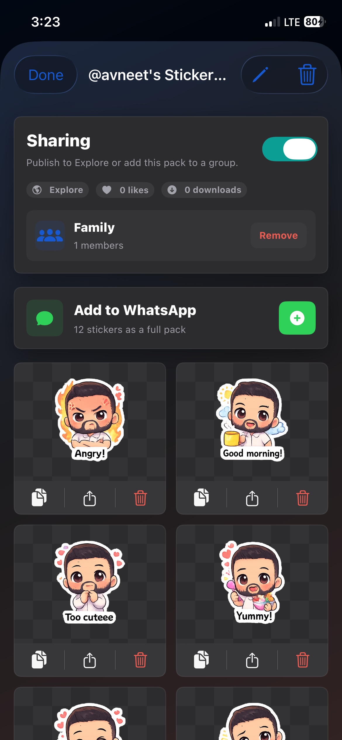 Stickable pack detail with sharing options
